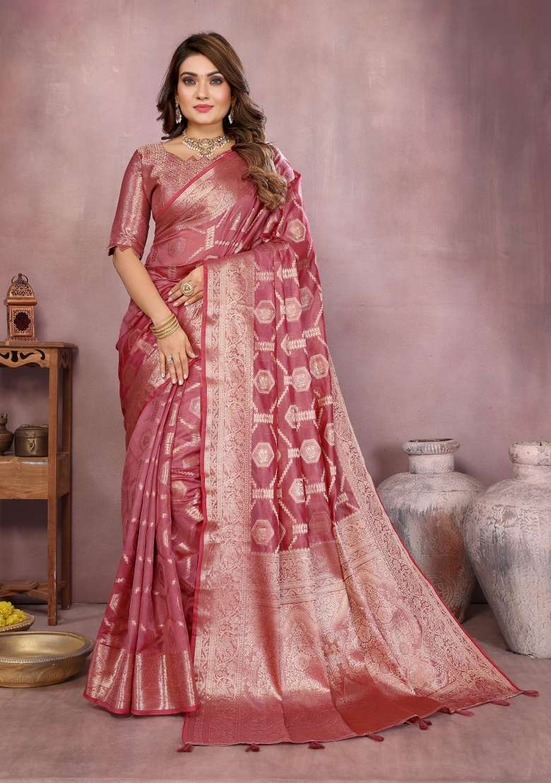 Pink Embroidery Silk Saree Set - Indya