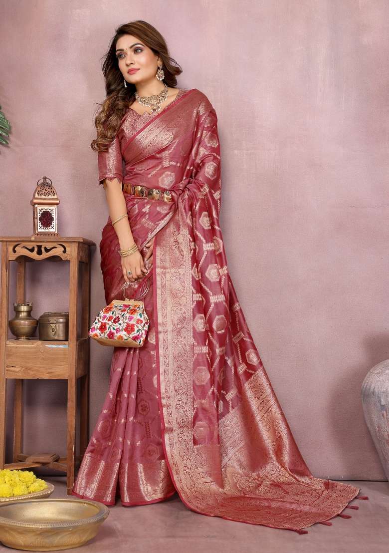 Pink Embroidery Silk Saree Set - Indya