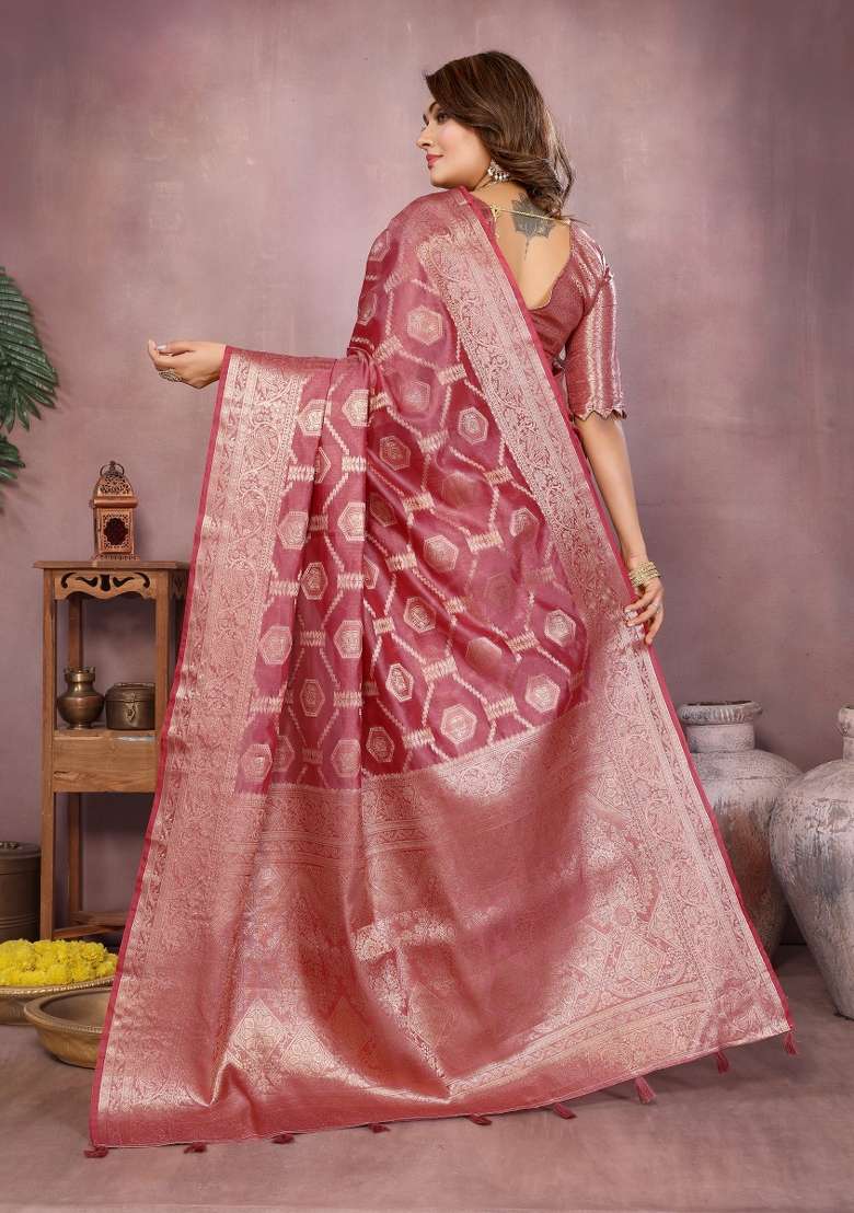 Pink Embroidery Silk Saree Set - Indya
