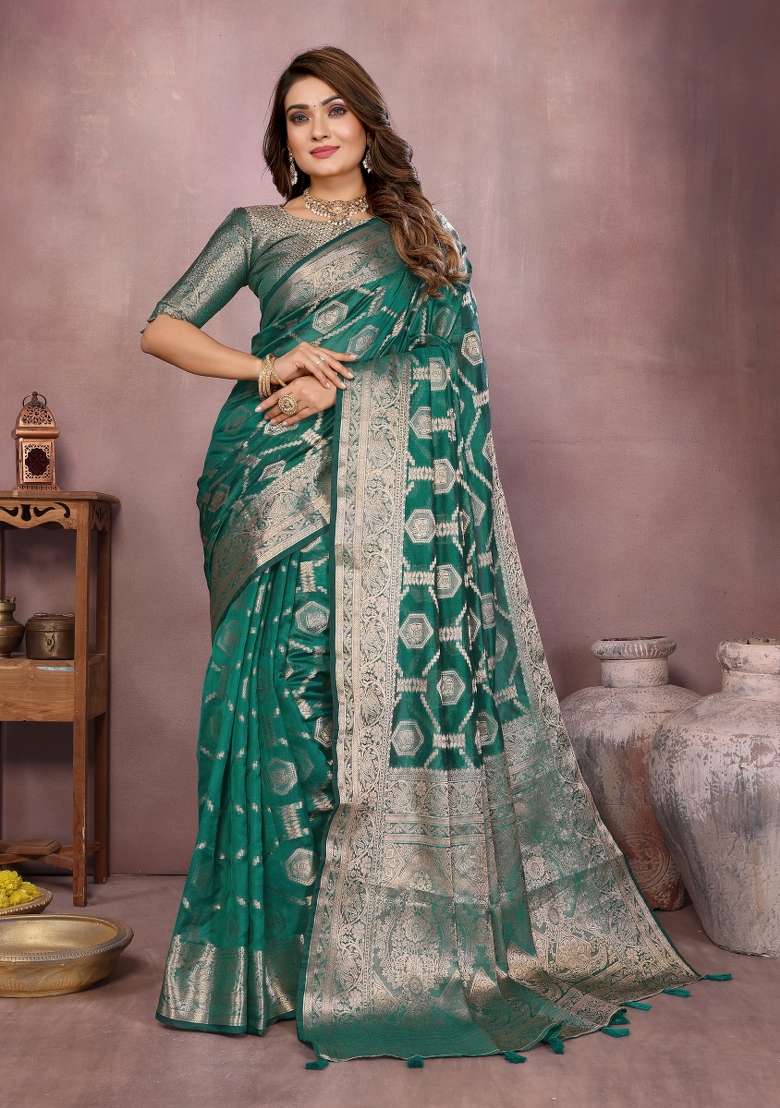 Sea Green Embroidery Silk Saree Set - Indya