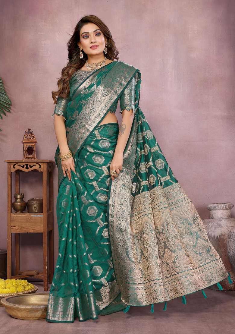 Sea Green Embroidery Silk Saree Set - Indya
