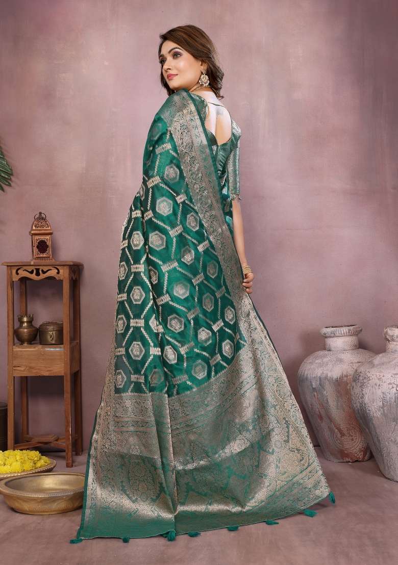 Sea Green Embroidery Silk Saree Set - Indya