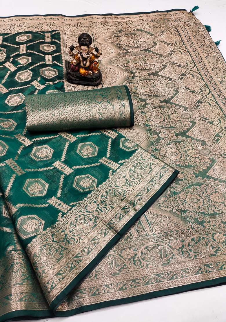 Sea Green Embroidery Silk Saree Set - Indya