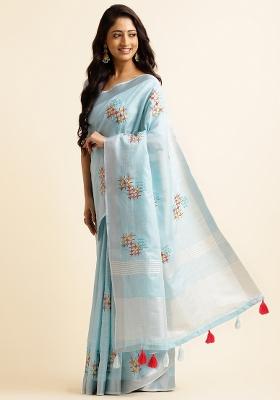 Blue Embroidery Cotton Saree Set
