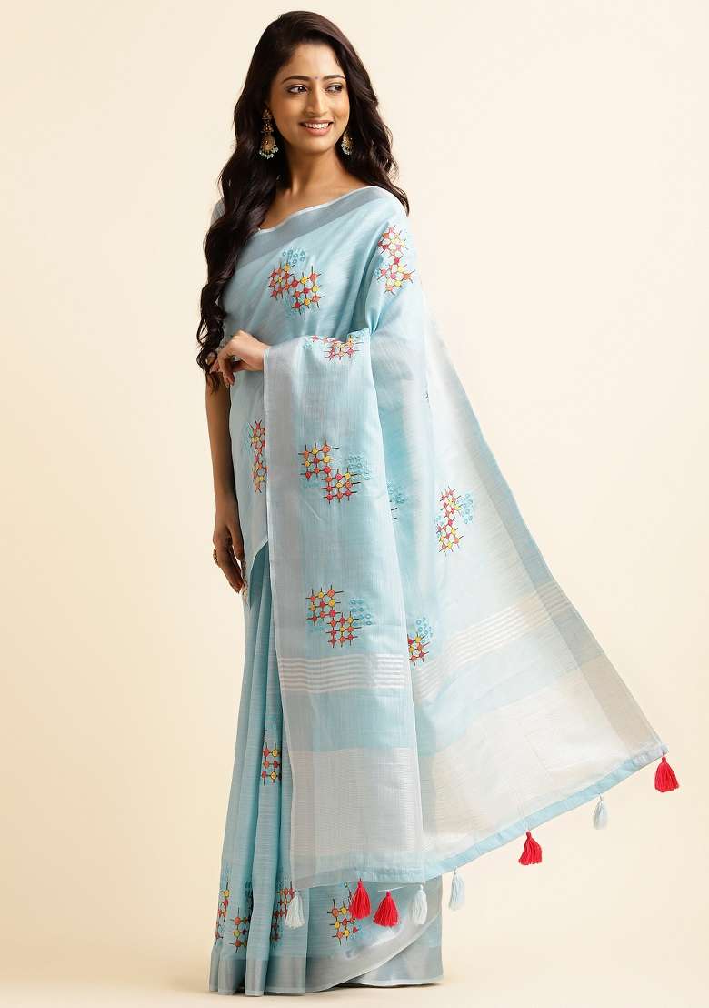 Blue Embroidery Cotton Saree Set - Indya