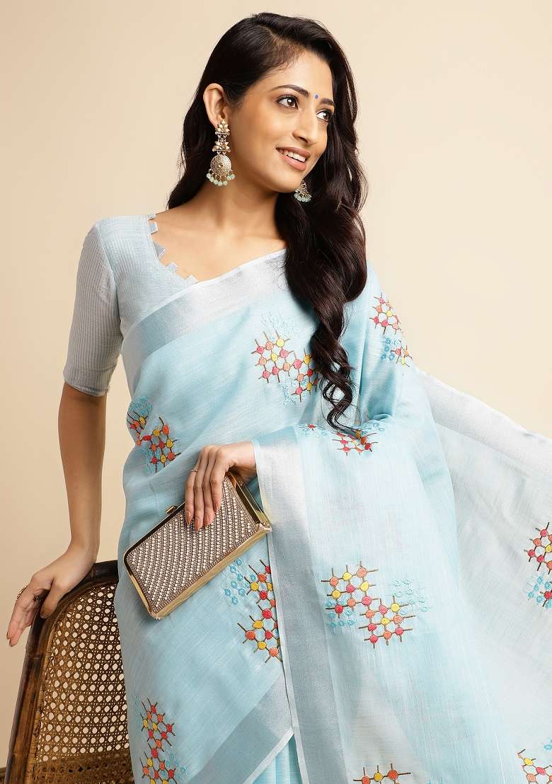 Blue Embroidery Cotton Saree Set - Indya