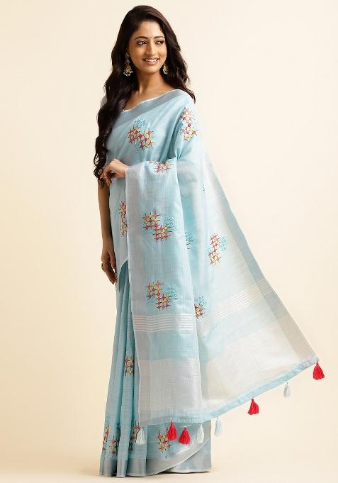 Blue Embroidery Cotton Saree Set