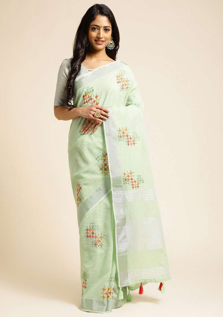 Green Embroidery Cotton Saree Set - Indya