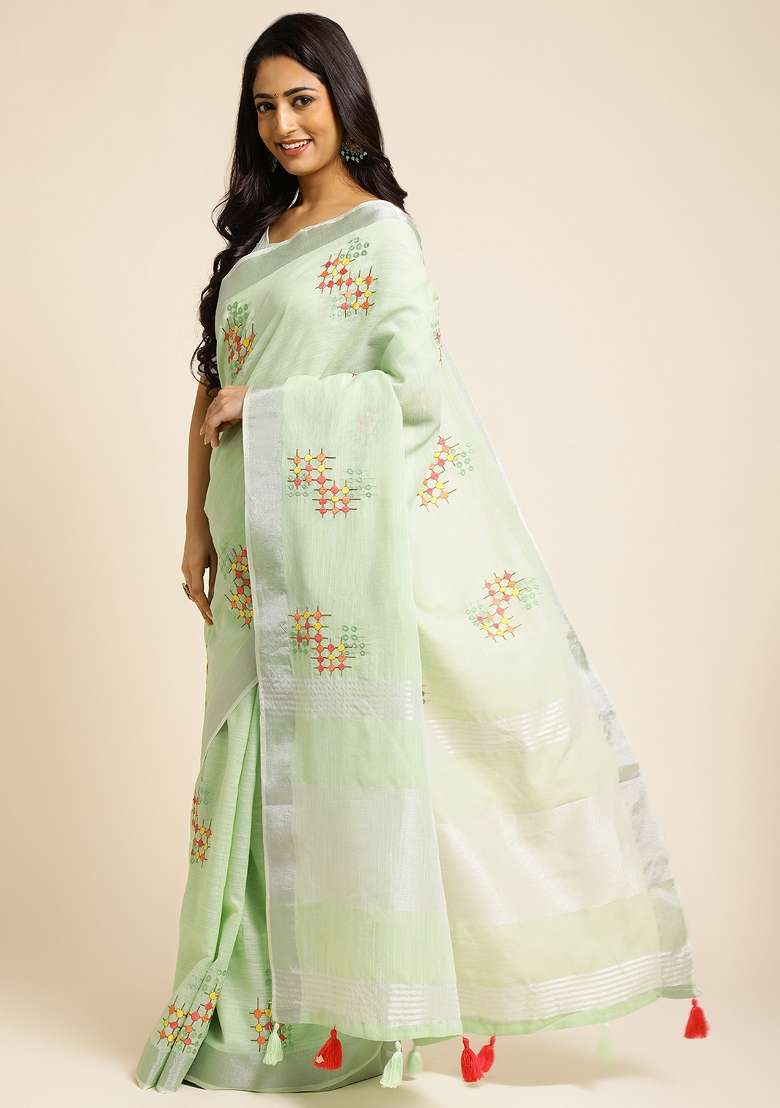 Green Embroidery Cotton Saree Set - Indya