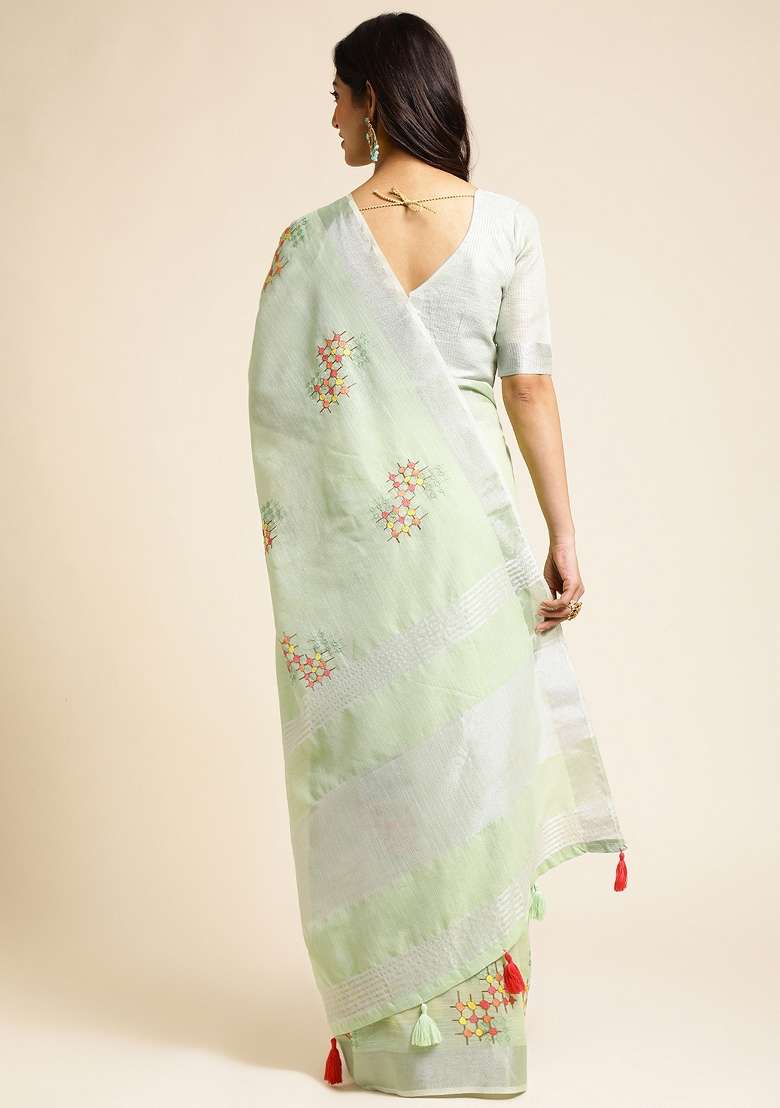Green Embroidery Cotton Saree Set - Indya