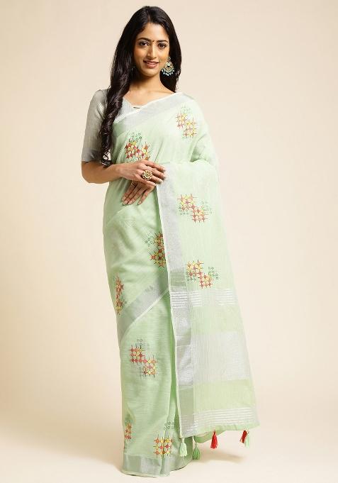 Green Embroidery Cotton Saree Set