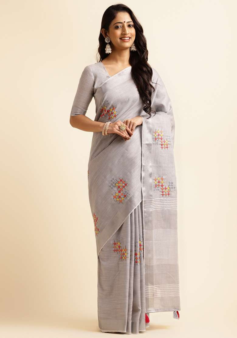 Grey Embroidery Cotton Saree Set - Indya