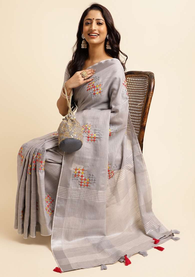 Grey Embroidery Cotton Saree Set - Indya