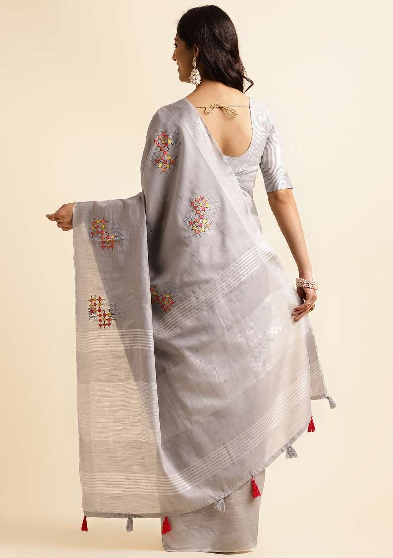 Grey Embroidery Cotton Saree Set - Indya