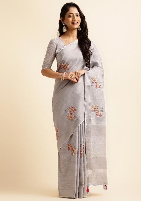 Grey Embroidery Cotton Saree Set