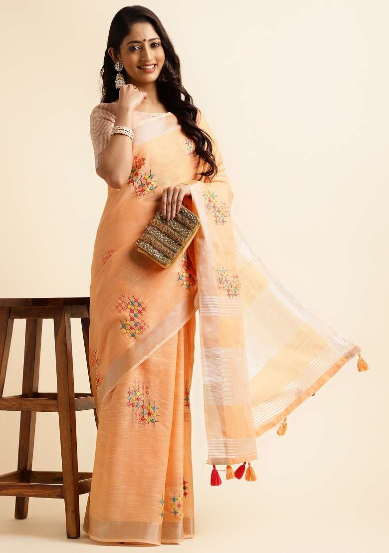Orange Embroidery Cotton Saree Set - Indya
