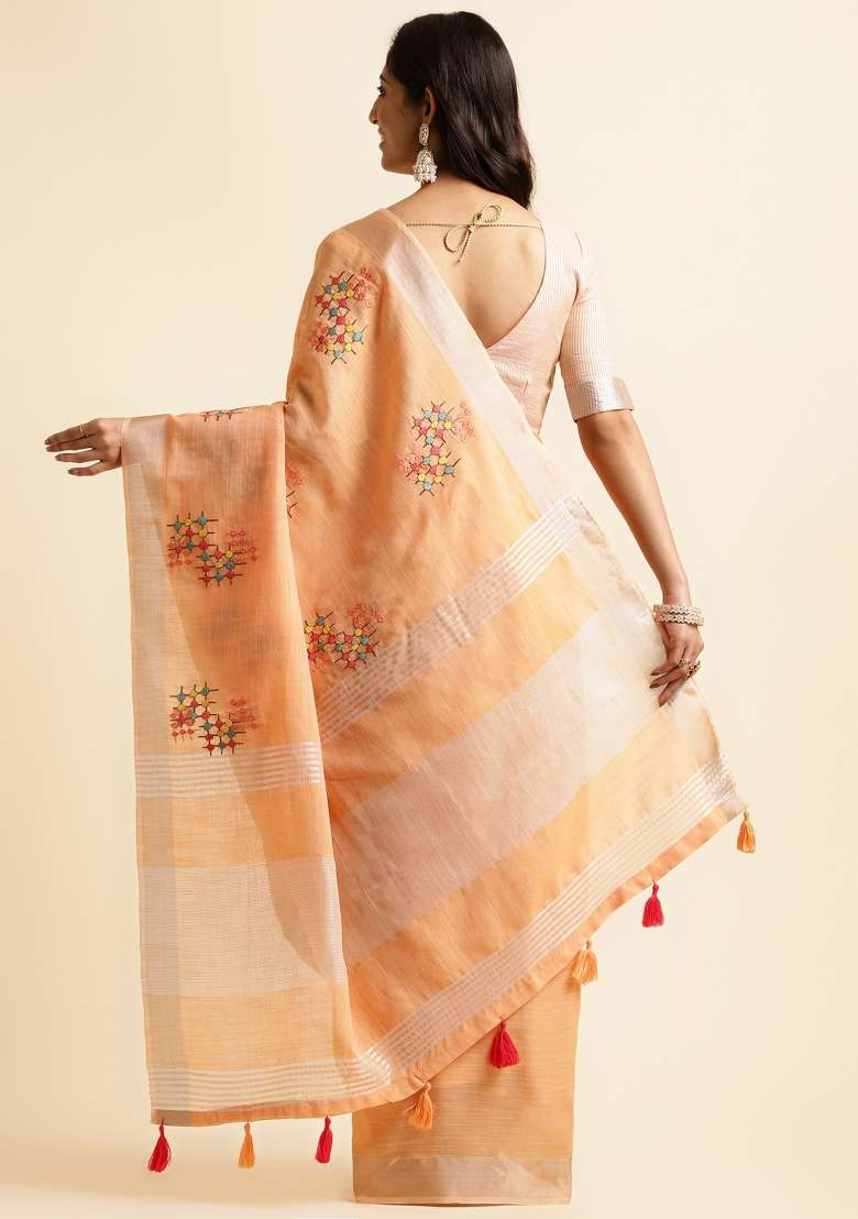 Orange Embroidery Cotton Saree Set - Indya