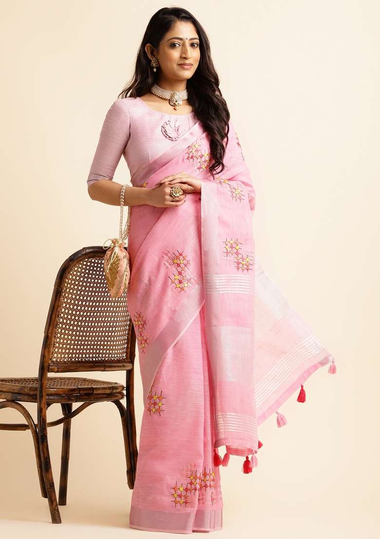 Pink Embroidery Cotton Saree Set - Indya