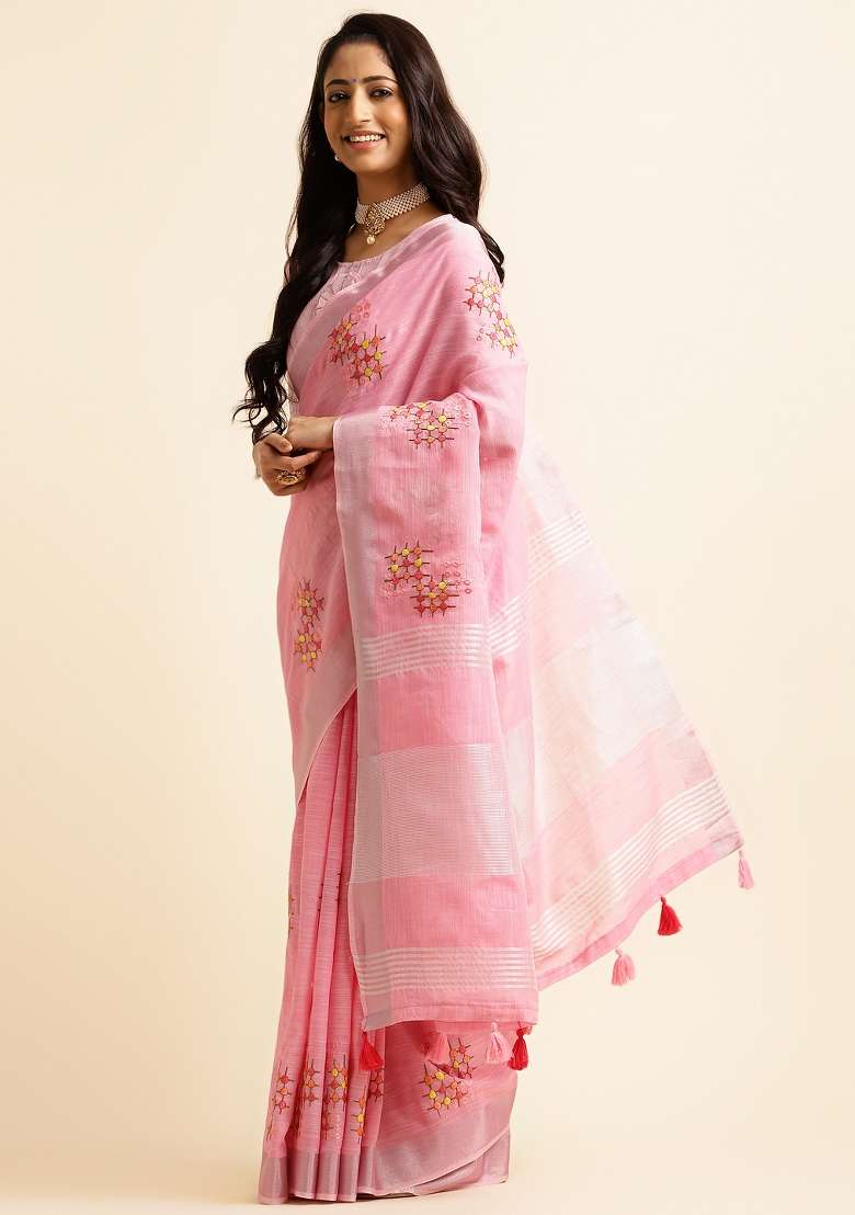 Pink Embroidery Cotton Saree Set - Indya