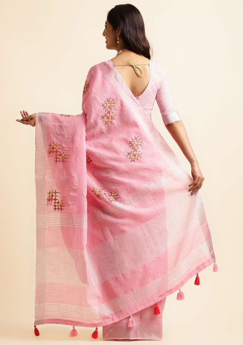 Pink Embroidery Cotton Saree Set - Indya