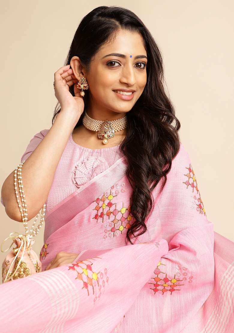 Pink Embroidery Cotton Saree Set - Indya