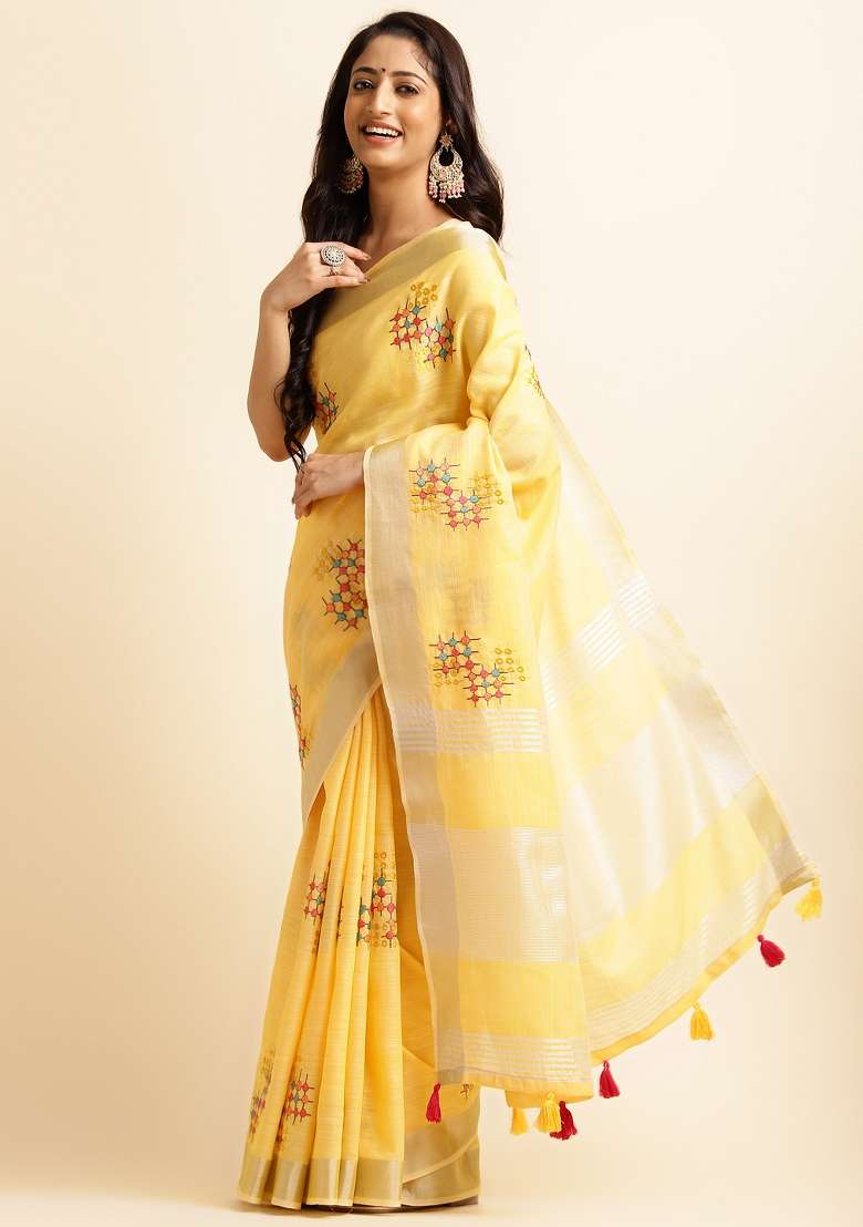 Yellow Embroidery Cotton Saree Set - Indya