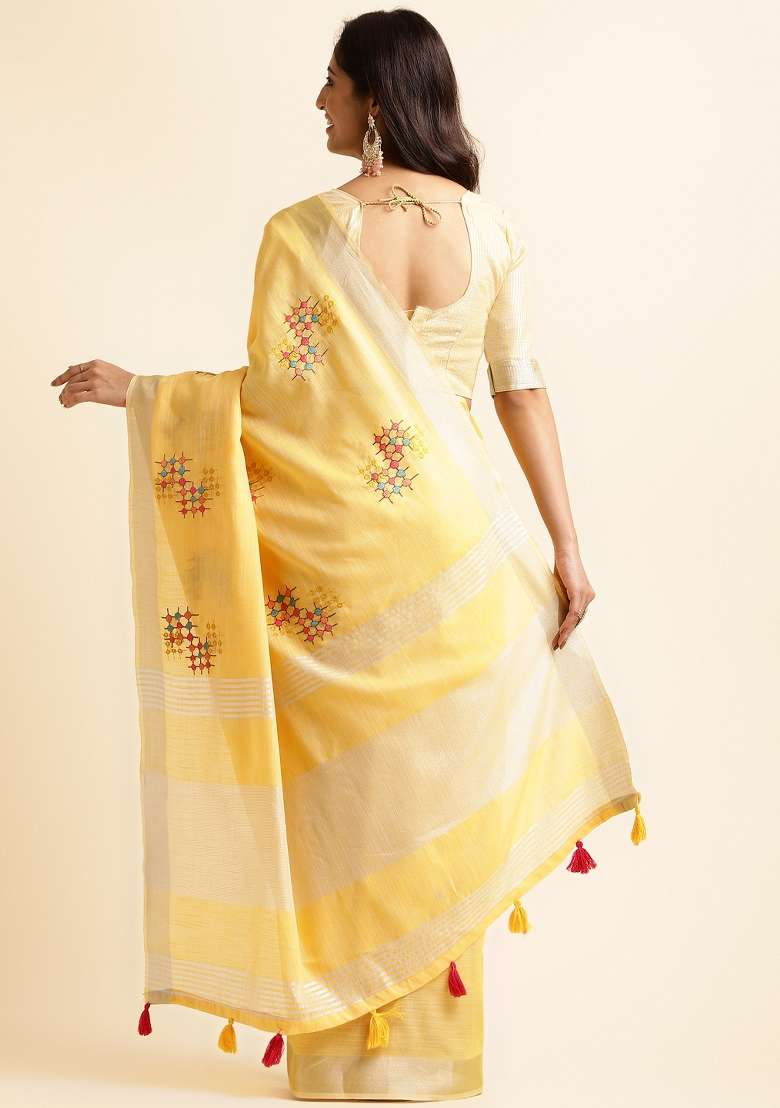 Yellow Embroidery Cotton Saree Set - Indya