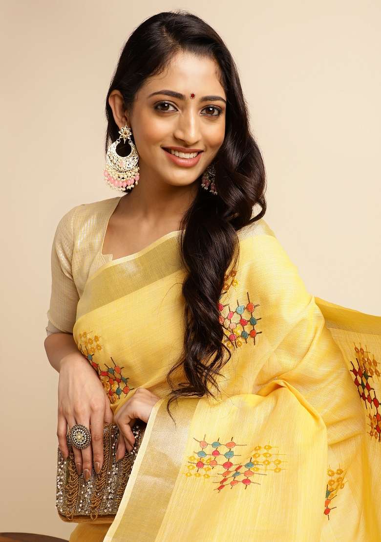 Yellow Embroidery Cotton Saree Set - Indya