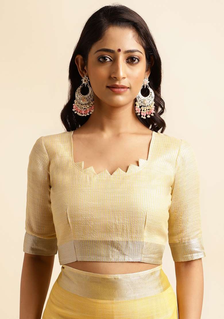 Yellow Embroidery Cotton Saree Set - Indya