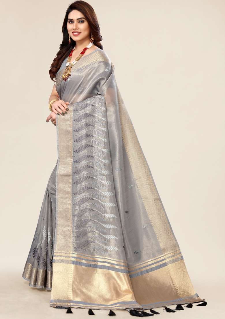 Grey Embroidery Silk Saree Set - Indya