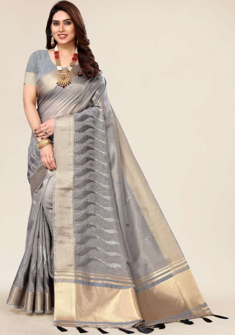 Grey Embroidery Silk Saree Set - Indya