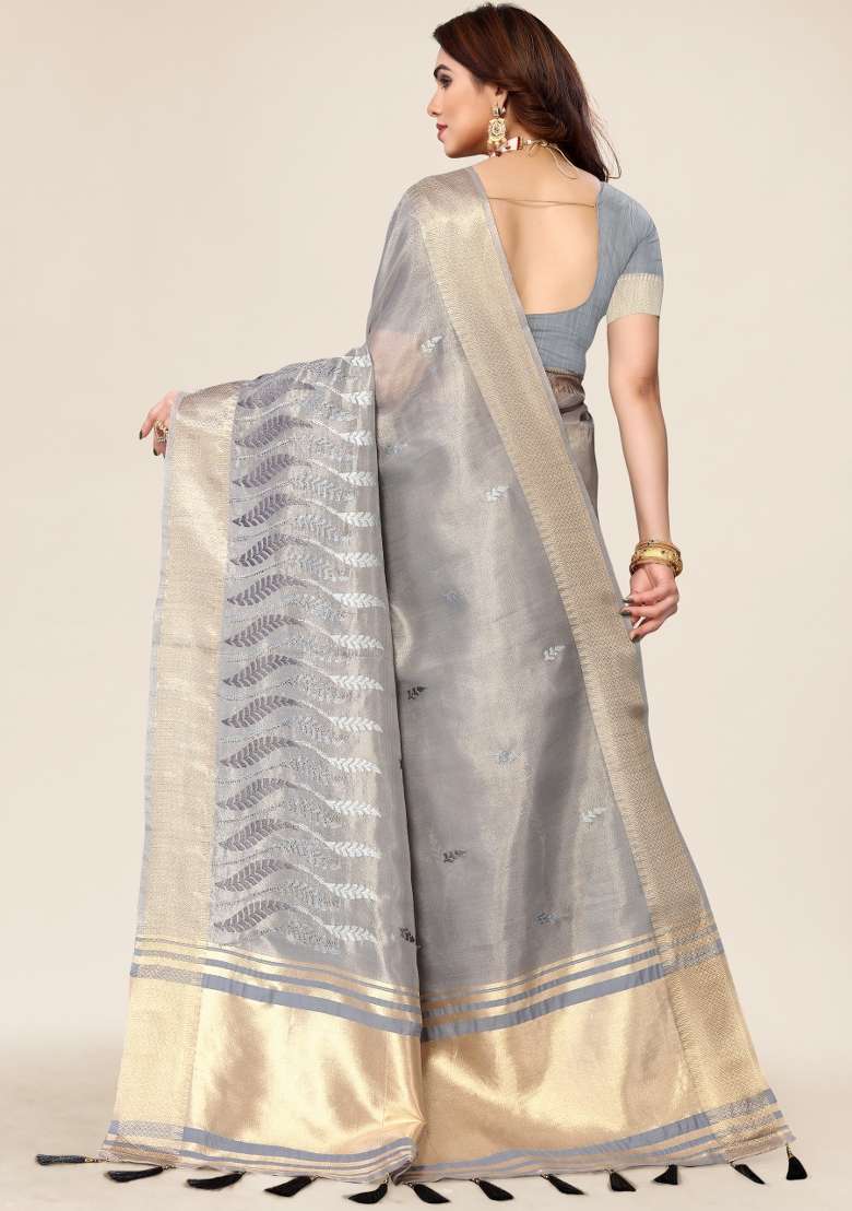 Grey Embroidery Silk Saree Set - Indya