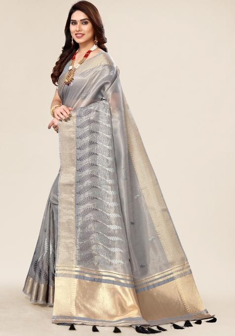 Grey Embroidery Silk Saree Set