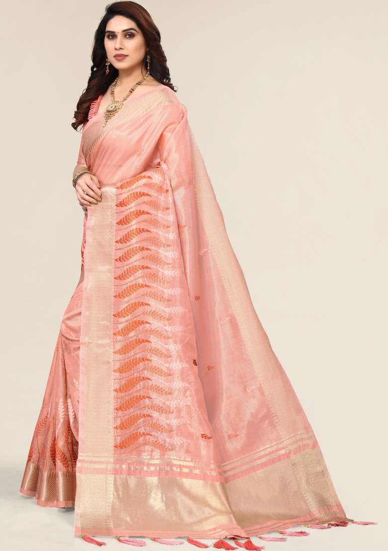 Pink Embroidery Silk Saree Set - Indya