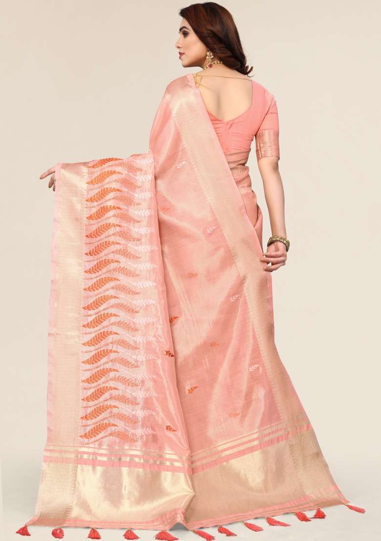 Pink Embroidery Silk Saree Set - Indya