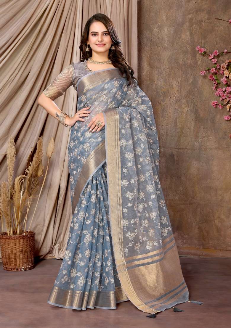 Blue Embroidery Silk Saree Set - Indya