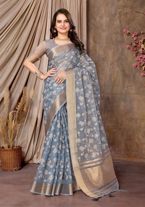 Blue Embroidery Silk Saree Set