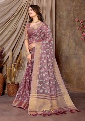 Dark Pink Embroidery Silk Saree Set