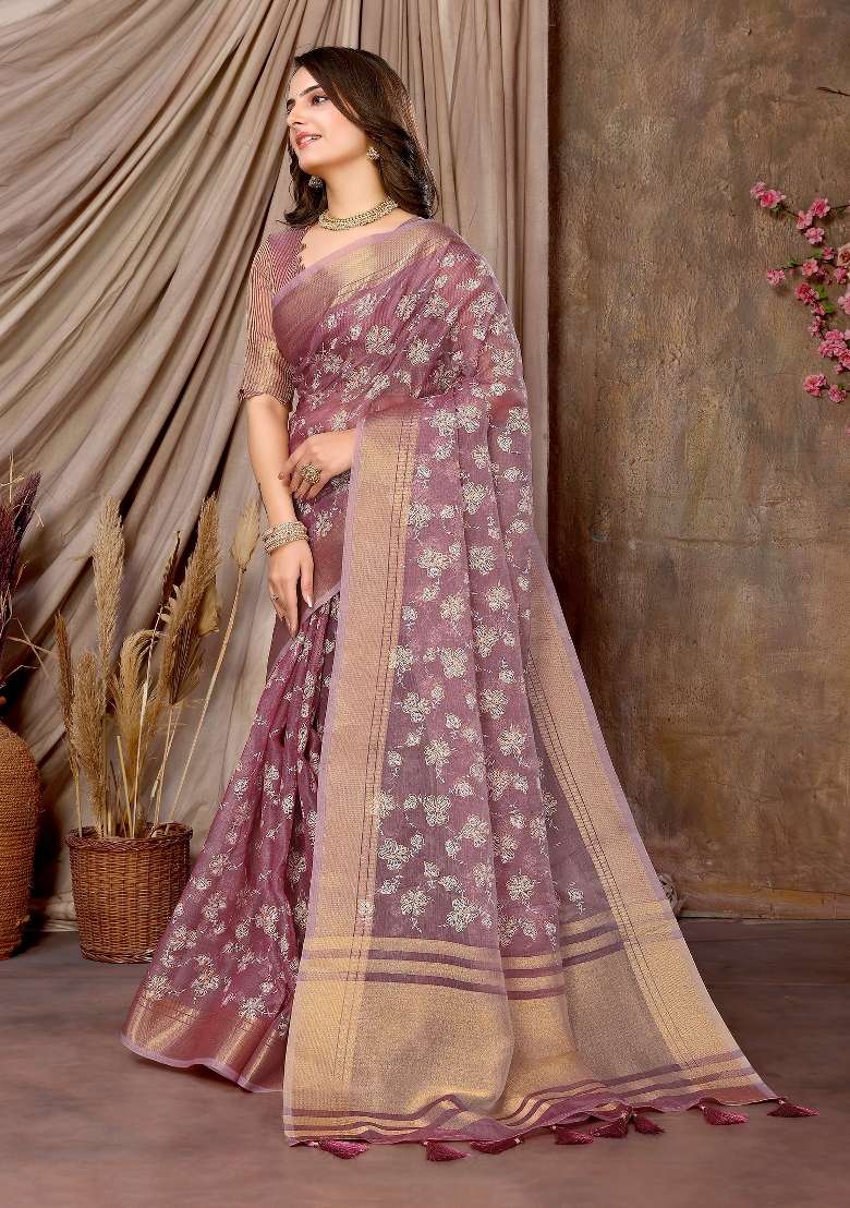 Dark Pink Embroidery Silk Saree Set - Indya