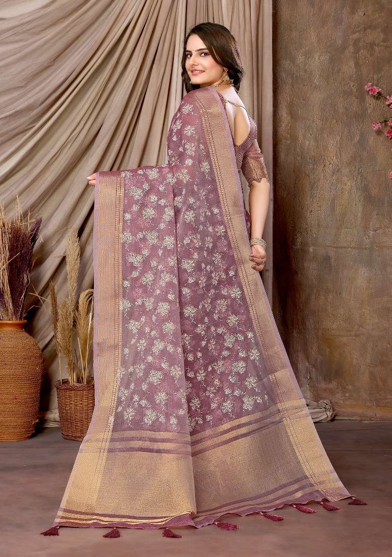 Dark Pink Embroidery Silk Saree Set - Indya