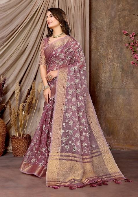 Dark Pink Embroidery Silk Saree Set