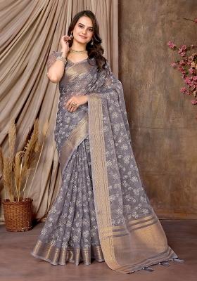 Grey Embroidery Silk Saree Set