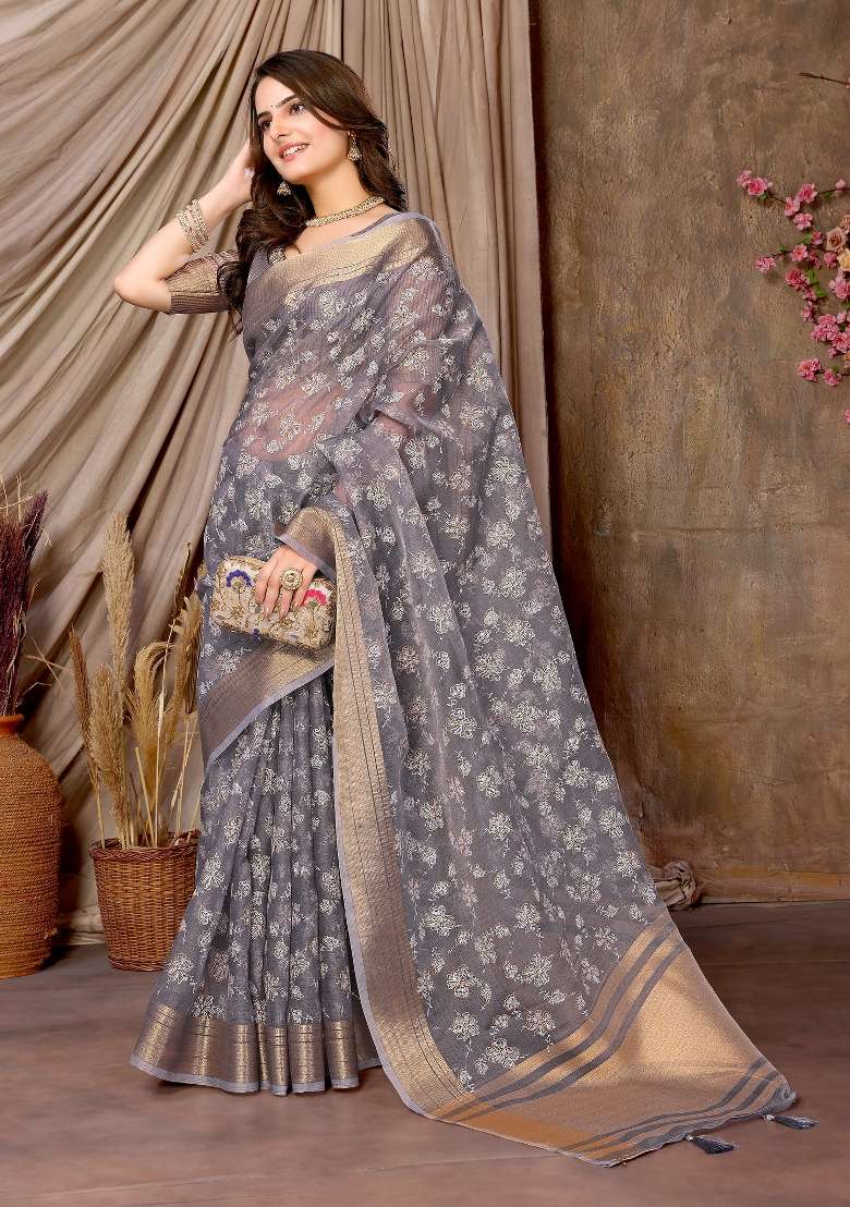 Grey Embroidery Silk Saree Set - Indya