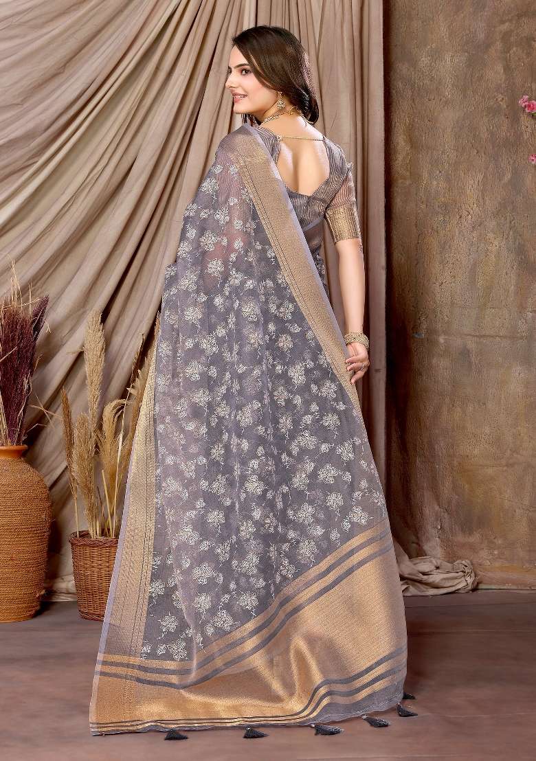 Grey Embroidery Silk Saree Set - Indya