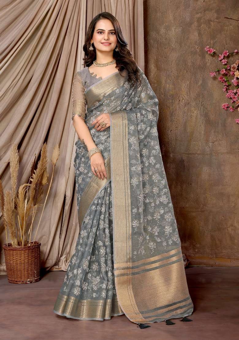 Sea Green Embroidery Silk Saree Set - Indya