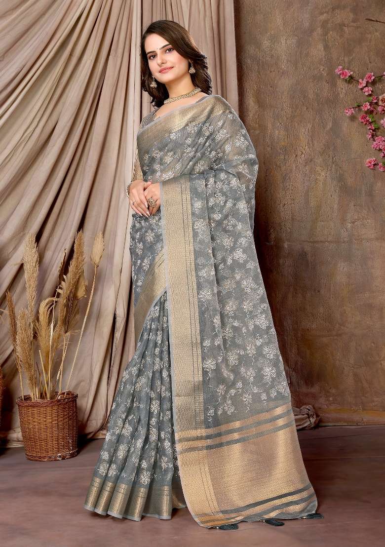 Sea Green Embroidery Silk Saree Set - Indya