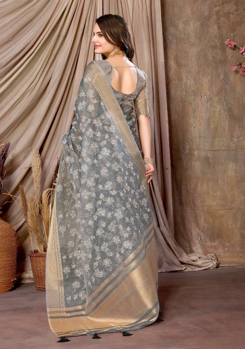 Sea Green Embroidery Silk Saree Set - Indya