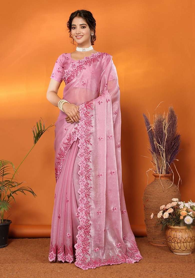 Pink Embroidery Jimmy Choo Saree Set - Indya