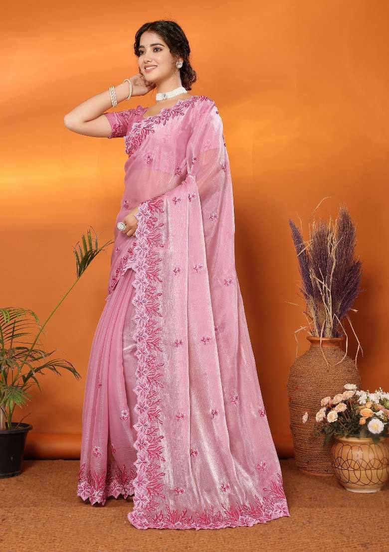Pink Embroidery Jimmy Choo Saree Set - Indya
