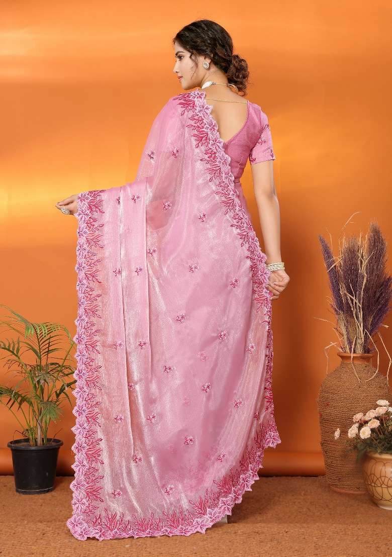 Pink Embroidery Jimmy Choo Saree Set - Indya